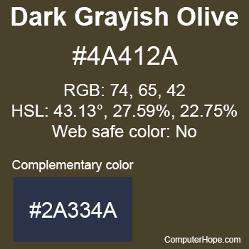 Example of Dark Grayish Olive color or HTML color code #4A412A with complementary color #2A334A.