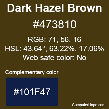 Example of Dark Hazel Brown color or HTML color code #473810 with complementary color #101F47.