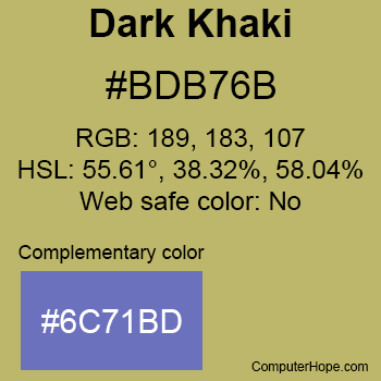 Example of DarkKhaki color or HTML color code #BDB76B with complementary color #6C71BD.