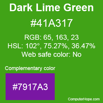 Example of Dark Lime Green color or HTML color code #41A317 with complementary color #7917A3.