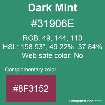 Example of Dark Mint color or HTML color code #31906E with complementary color #8F3152.