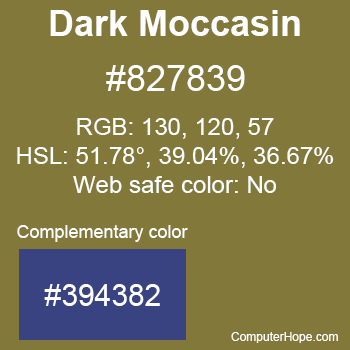Example of Dark Moccasin color or HTML color code #827839 with complementary color #394382.