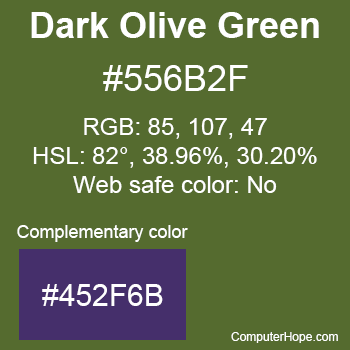 Example of DarkOliveGreen color or HTML color code #556B2F with complementary color #452F6B.