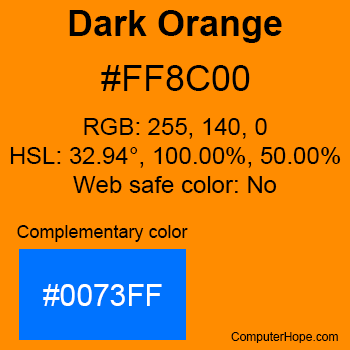 Example of DarkOrange color or HTML color code #FF8C00 with complementary color #0073FF.