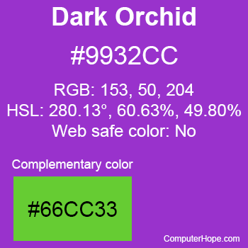 Example of DarkOrchid color or HTML color code #9932CC with complementary color #66CC33.