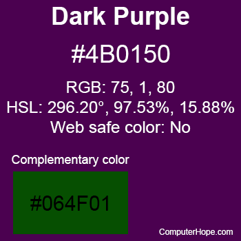 Example of Dark Purple color or HTML color code #4B0150 with complementary color #064F01.