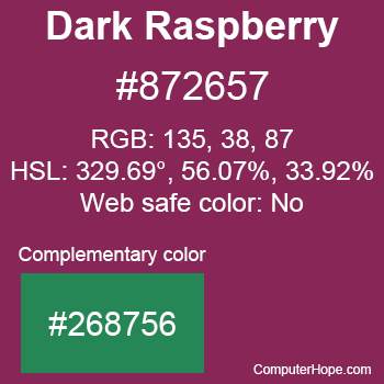 Example of Dark Raspberry color or HTML color code #872657 with complementary color #268756.