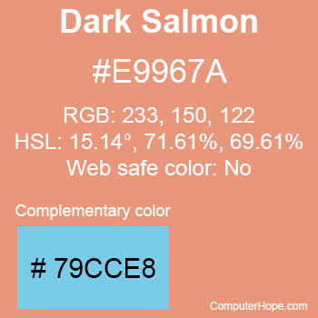 Example of DarkSalmon color or HTML color code #E9967A with complementary color #79CCE8.
