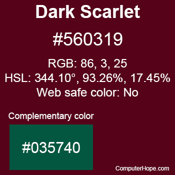 Example of Dark Scarlet color or HTML color code #560319 with complementary color #035740.