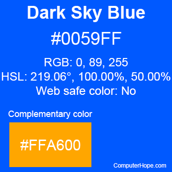 Example of Dark Sky Blue color or HTML color code #0059FF with complementary color #FFA600.