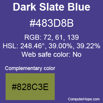 Example of DarkSlateBlue color or HTML color code #483D8B with complementary color #828C3E.