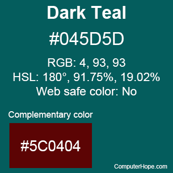 Example of Dark Teal color or HTML color code #045D5D with complementary color #5C0404.
