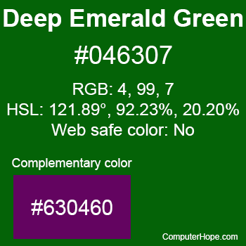 Example of Deep Emerald Green color or HTML color code #046307 with complementary color #630460.