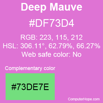 Example of Deep Mauve color or HTML color code #DF73D4 with complementary color #73DE7E.