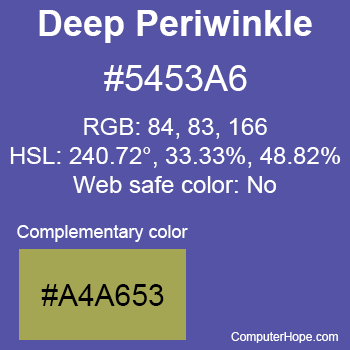 Example of Deep Periwinkle color or HTML color code #5453A6 with complementary color #A4A653.