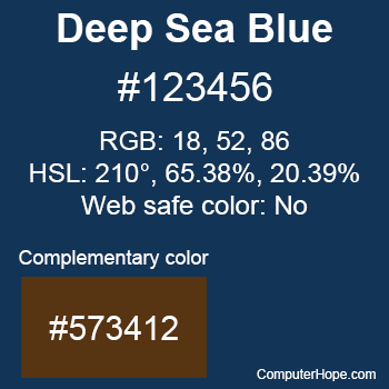 Example of Deep Sea Blue color or HTML color code #123456 with complementary color #573412.