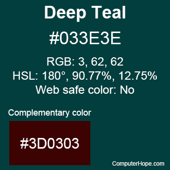 Example of Deep Teal color or HTML color code #033E3E with complementary color #3D0303.