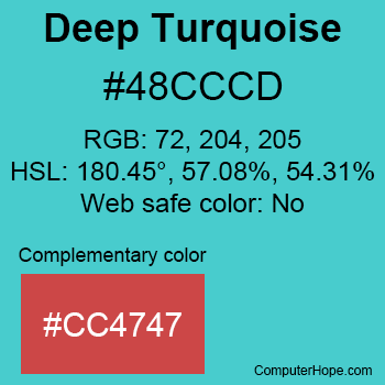 Example of Deep Turquoise color or HTML color code #48CCCD with complementary color #CC4747.
