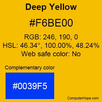Example of Deep Yellow color or HTML color code #F6BE00 with complementary color #0039F5.