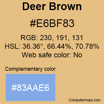 Example of Deer Brown color or HTML color code #E6BF83 with complementary color #83AAE6.
