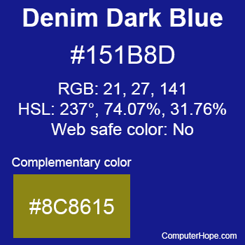 Example of Denim Dark Blue color or HTML color code #151B8D with complementary color #8C8615.