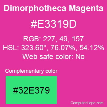 Example of Dimorphotheca Magenta color or HTML color code #E3319D with complementary color #32E379.
