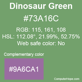 Example of Dinosaur Green color or HTML color code #73A16C with complementary color #9A6CA1.