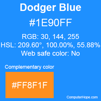 Example of DodgerBlue color or HTML color code #1E90FF with complementary color #FF8F1F.