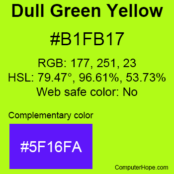 Example of Dull Green Yellow color or HTML color code #B1FB17 with complementary color #5F16FA.