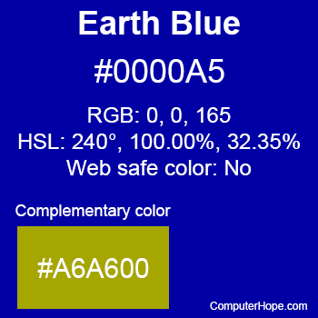 Example of Earth Blue color or HTML color code #0000A5.