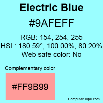 Example of Electric Blue color or HTML color code #9AFEFF with complementary color #FF9B99.