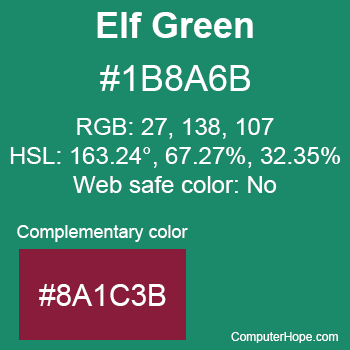 Example of Elf Green color or HTML color code #1B8A6B with complementary color #8A1C3B.