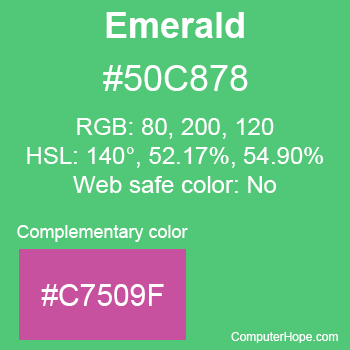 Example of Emerald color or HTML color code #50C878 with complementary color #C7509F.