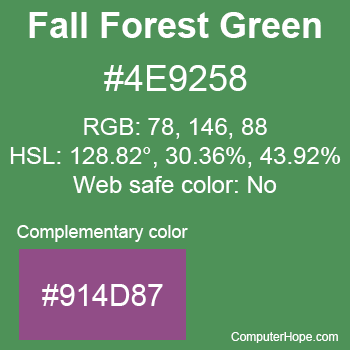 Example of Fall Forest Green color or HTML color code #4E9258 with complementary color #914D87.