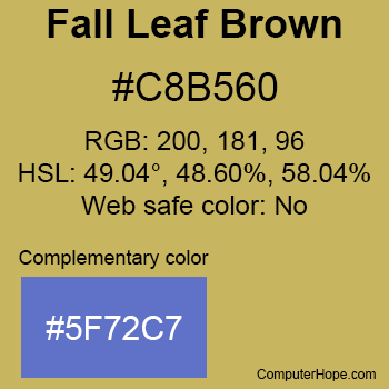Example of Fall Leaf Brown color or HTML color code #C8B560 with complementary color #5F72C7.
