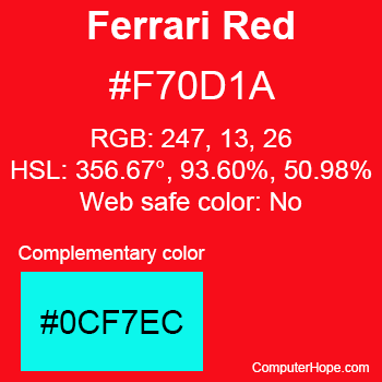 Example of Ferrari Red color or HTML color code #F70D1A.