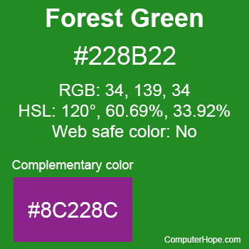 Example of ForestGreen color or HTML color code #228B22 with complementary color #8C228C.