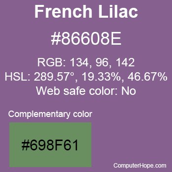 Example of French Lilac color or HTML color code #86608E with complementary color #698F61.