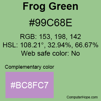 Example of Frog Green color or HTML color code #99C68E with complementary color #BC8FC7.