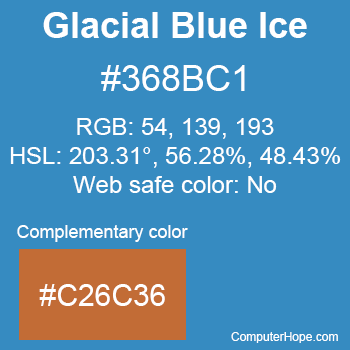 Example of Glacial Blue Ice color or HTML color code #368BC1 with complementary color #C26C36.