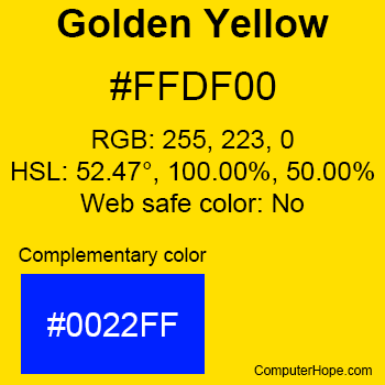 Example of Golden Yellow color or HTML color code #FFDF00 with complementary color #0022FF.