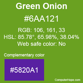 Example of Green Onion color or HTML color code #6AA121 with complementary color #5820A1.