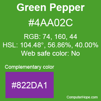 Example of Green Pepper color or HTML color code #4AA02C with complementary color #822DA1.