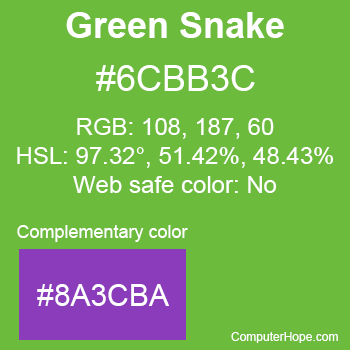 Example of Green Snake color or HTML color code #6CBB3C with complementary color #8A3CBA.
