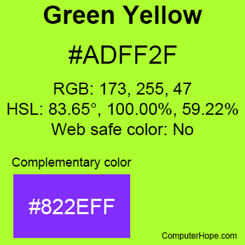 Example of GreenYellow color or HTML color code #ADFF2F with complementary color #822EFF.
