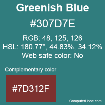 Example of Greenish Blue color or HTML color code #307D7E with complementary color #7D312F.