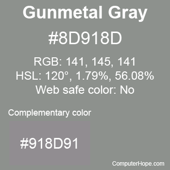 Example of Gunmetal Gray color or HTML color code #8D918D with complementary color #918D91.