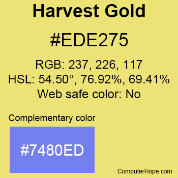 Example of Harvest Gold color or HTML color code #EDE275 with complementary color #7480ED.