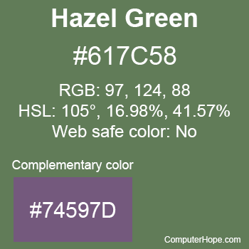 Example of Hazel Green color or HTML color code #617C58 with complementary color #74597D.