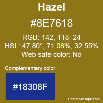 Example of Hazel color or HTML color code #8E7618 with complementary color #18308F.